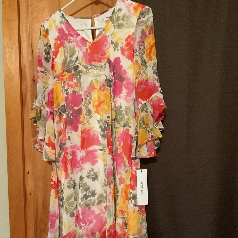 Calvin Klein Vibrant Floral Long Sleeve Dress